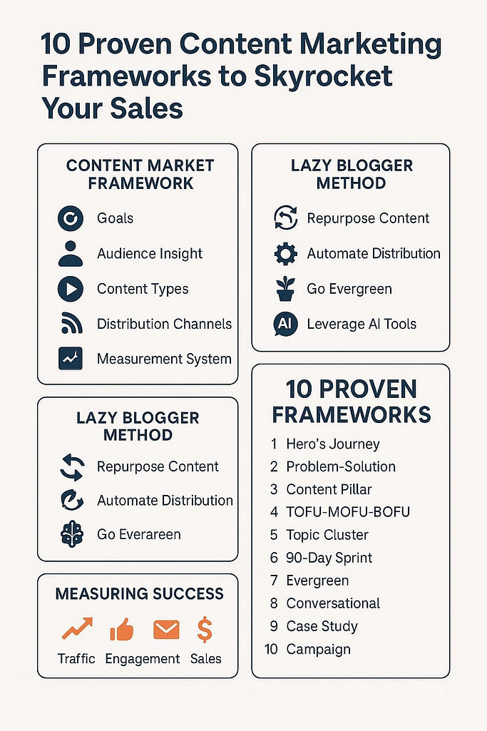 10 Proven Content Marketing Frameworks to Skyrocket Your Sales (Even If You’re Short on Time) 3 content marketing frameworks,content marketing strategy,content marketing for lead generation,content marketing plan for sales,how to build a content marketing framework,best content marketing framework for small businesses,step by step content marketing strategy,content marketing frameworks for beginners,lazy blogger method content marketing,content frameworks to boost conversions,hybrid content marketing framework,content repurposing hacks