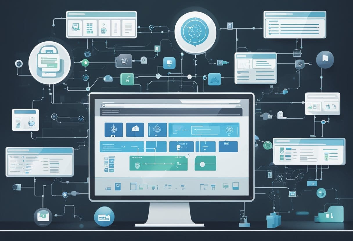 A computer screen displaying a flowchart with interconnected icons representing different automated workflow processes. A digital toolkit with various tools and software icons arranged neatly on a desk