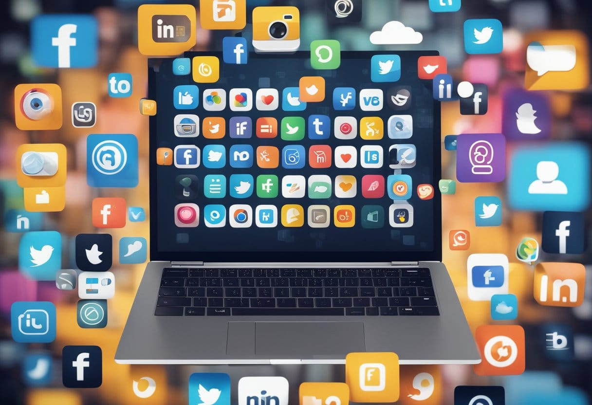 A laptop displaying a social media platform with digital products, surrounded by icons of likes, shares, and comments