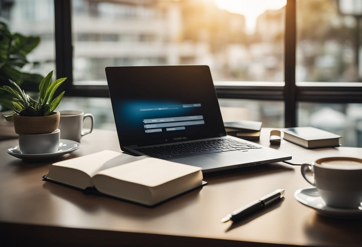 A desk with a laptop, notebook, and pen. A stack of books on one side and a cup of coffee on the other. A window with natural light shining in