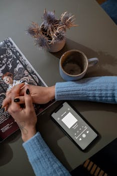 A cozy tabletop view featuring a smartphone, magazine, ceramic mug, and a vase of dried flowers.
