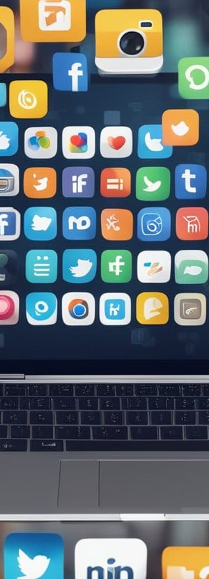 How to Market Digital Products on Social Media: Proven Strategies for Success 3 A laptop displaying a social media platform with digital products, surrounded by icons of likes, shares, and comments