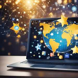 Digital Library for Doers 2 A computer screen displaying a variety of online marketplace icons and symbols, surrounded by a globe and sparkling stars
