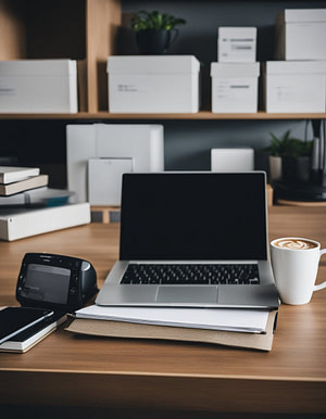 Master the Art of Digital Product Creation: The Ultimate Masterclass 2 A laptop on a desk with a notepad, pen, and coffee cup. A stack of shipping boxes in the background, and a computer screen showing product listings