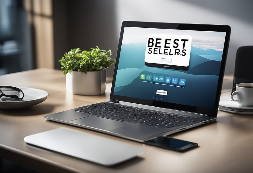 Boost Your Email Marketing: Simple Steps to Maximize Your Income 11 A laptop displaying various digital products with a "best sellers" label. A tablet, smartphone, and smartwatch are nearby, also showcasing digital products