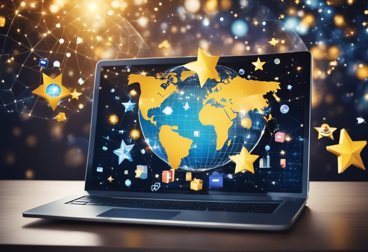 A computer screen displaying a variety of online marketplace icons and symbols, surrounded by a globe and sparkling stars