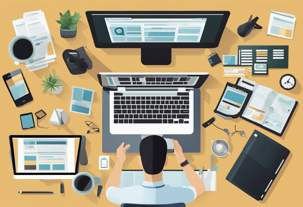 A person at a desk with a computer, surrounded by various blogging platforms and tools. The person is researching and comparing different options