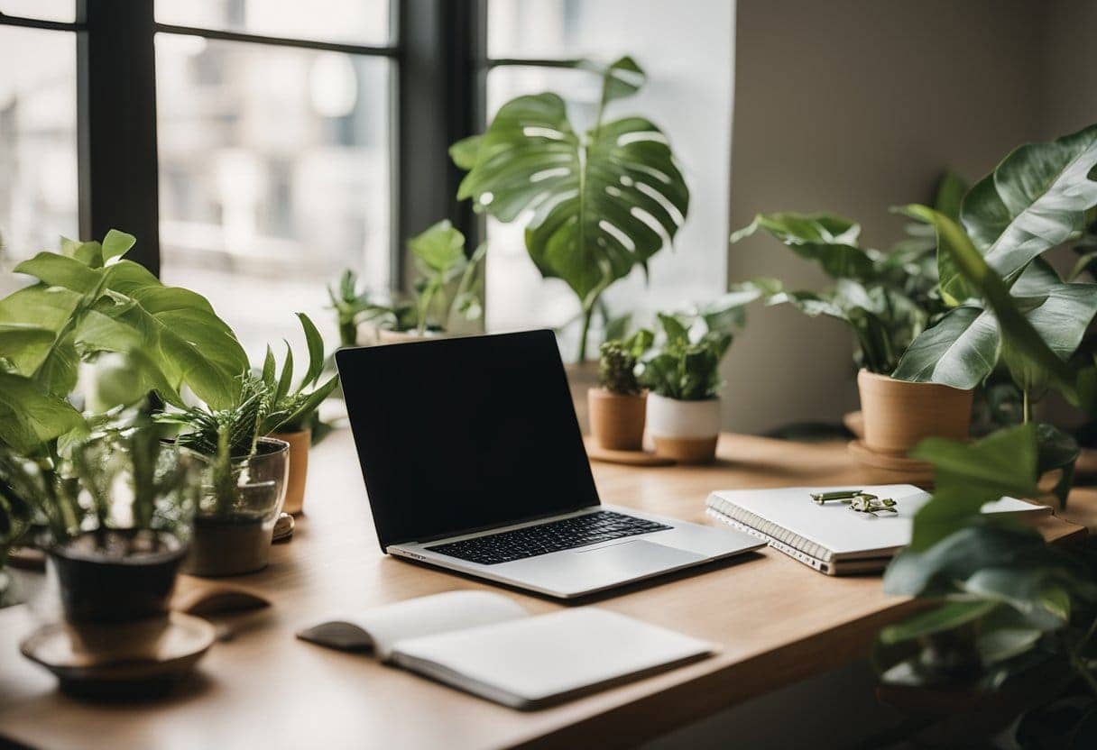 A desk with a laptop, notebook, and pen, surrounded by plants and natural light, creating a peaceful and inspiring workspace for content creation