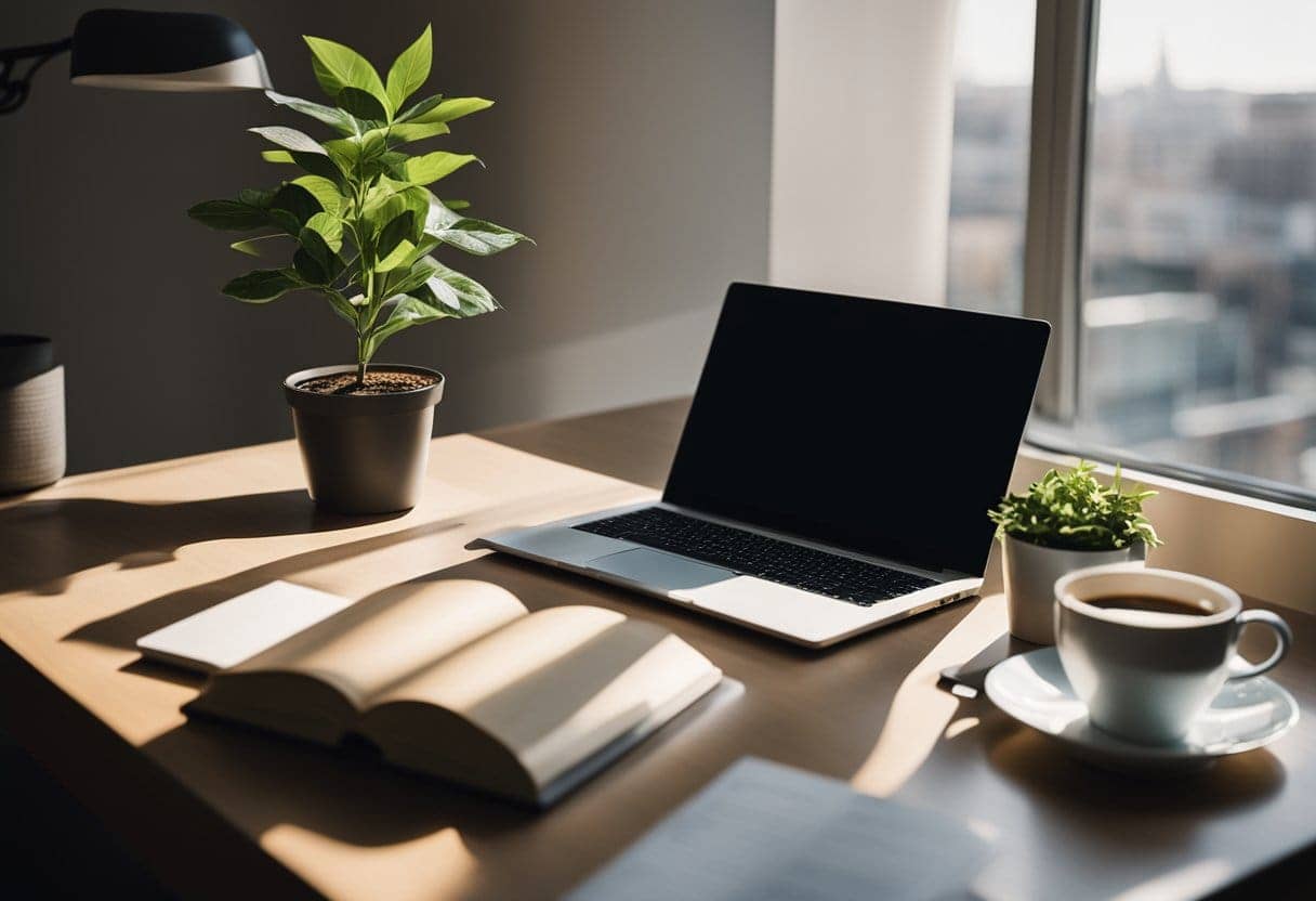 A laptop surrounded by a stack of books, a cup of coffee, and a potted plant on a desk with a window showing a sunny day