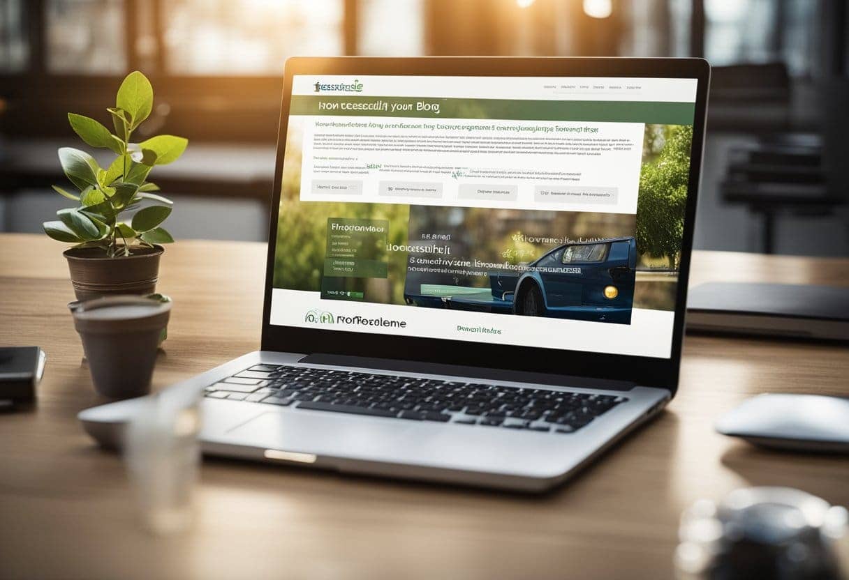 A laptop displaying a blog post titled "How to Successfully Monetize Your Mature Blog: Proven Strategies for Long-Term Revenue" with a graph showing increasing revenue