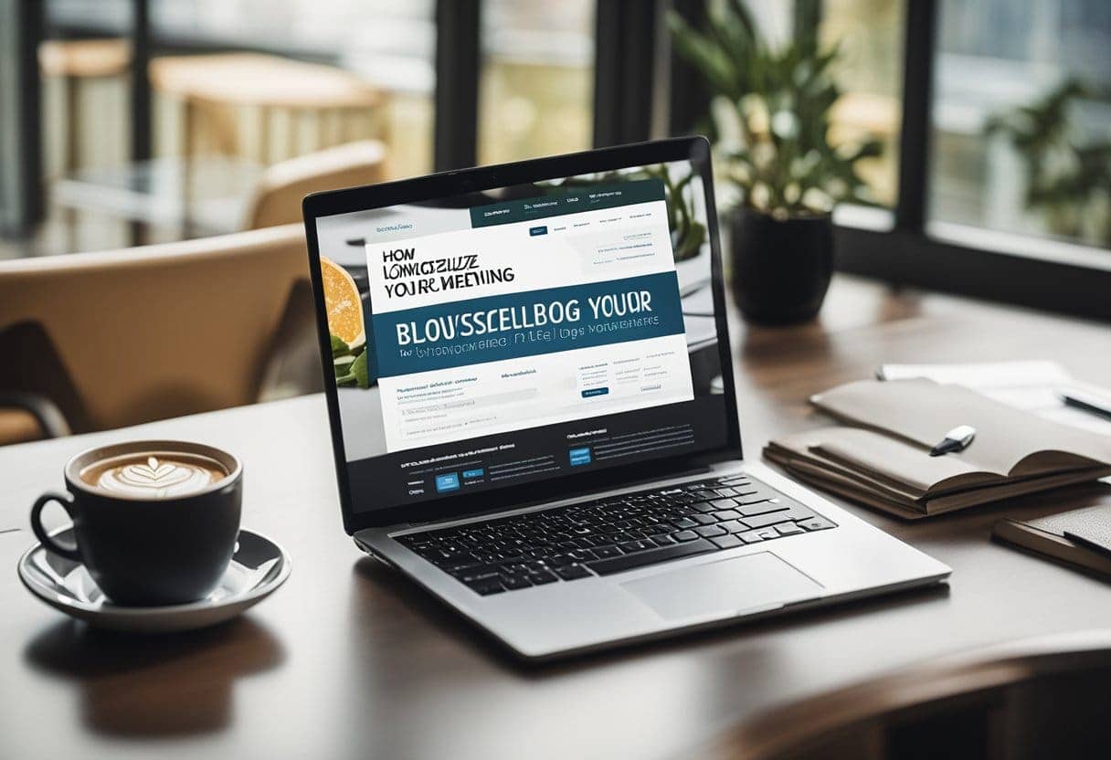 A laptop displaying a blog titled "How to Successfully Monetize Your Mature Blog: Proven Strategies for Long-Term Revenue" with various affiliate marketing logos and charts in the background