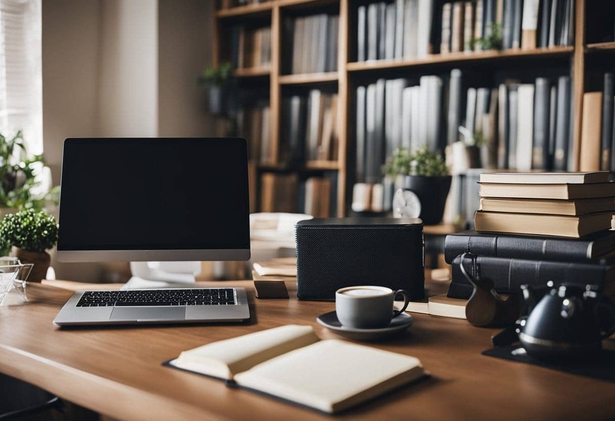 A cozy home office with a desk, computer, and bookshelves filled with well-loved books. A mug of coffee sits next to a notebook filled with neatly written notes