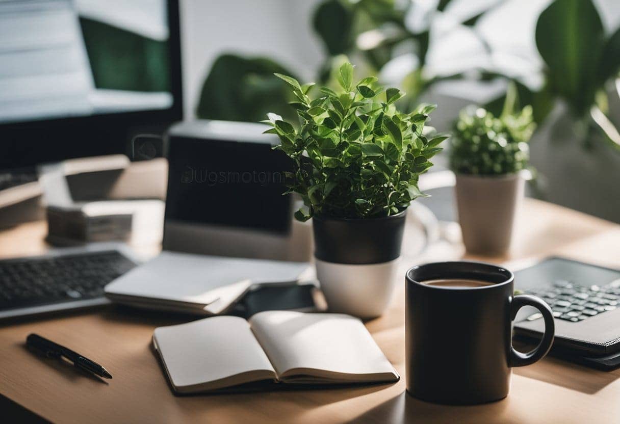 A desk with a laptop, notebook, and pen. A stack of books on blogging and monetization. A mug of coffee and a plant in the background
