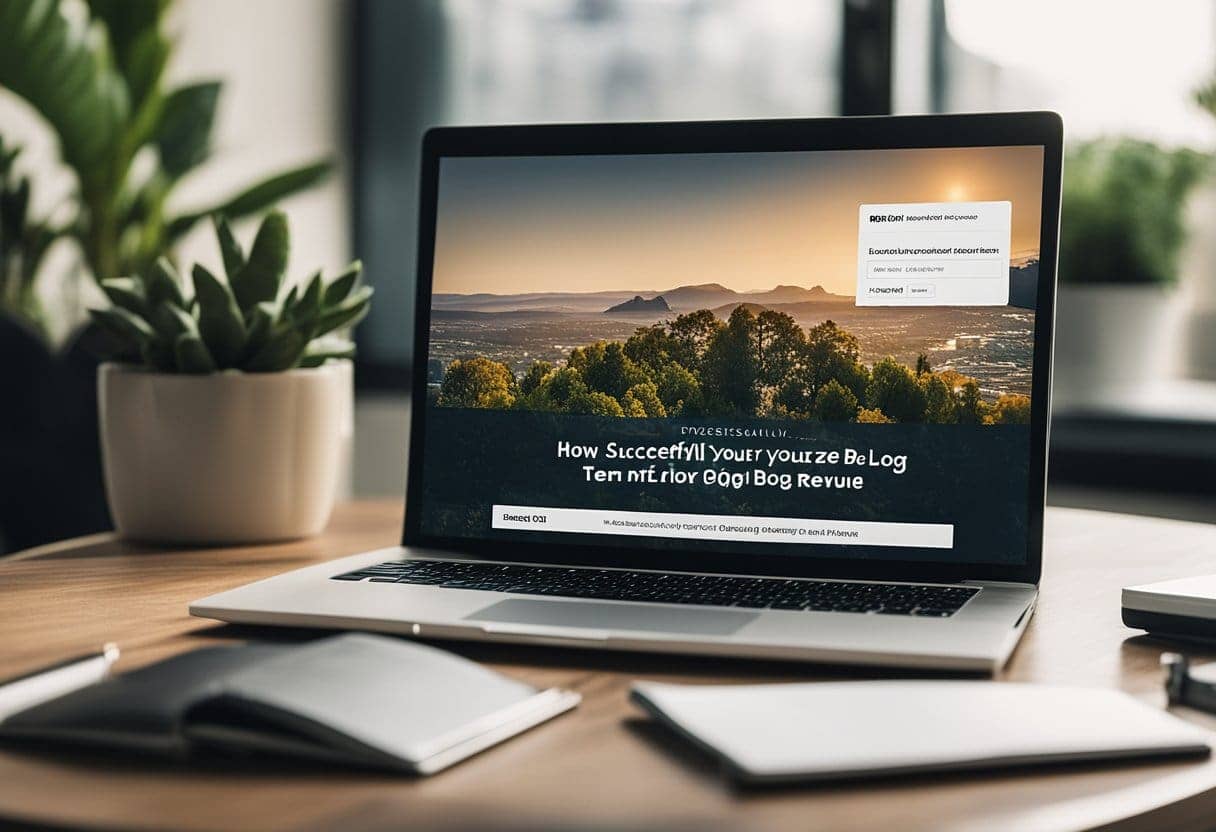 A laptop open on a desk with a blog post titled "How to Successfully Monetize Your Mature Blog: Proven Strategies for Long-Term Revenue" displayed on the screen