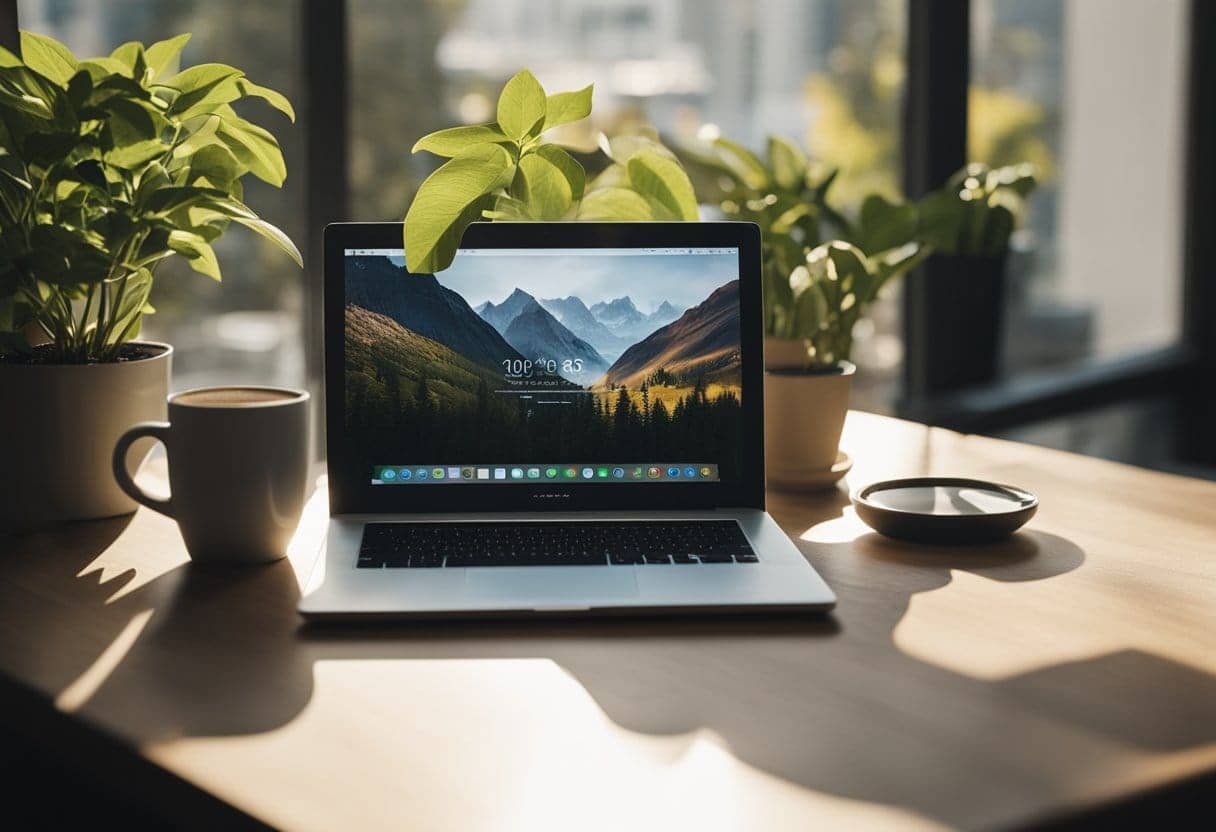 A laptop with a blank screen sits on a desk surrounded by a stack of books, a mug of coffee, and a potted plant. A window reveals a sunny day outside