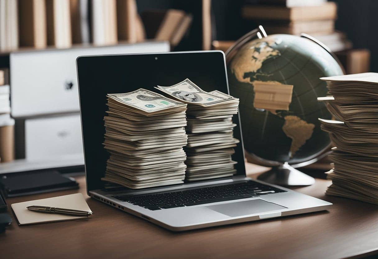 A laptop surrounded by stacks of money, a globe, and a pen on a desk with a "Building Your Brand" book open