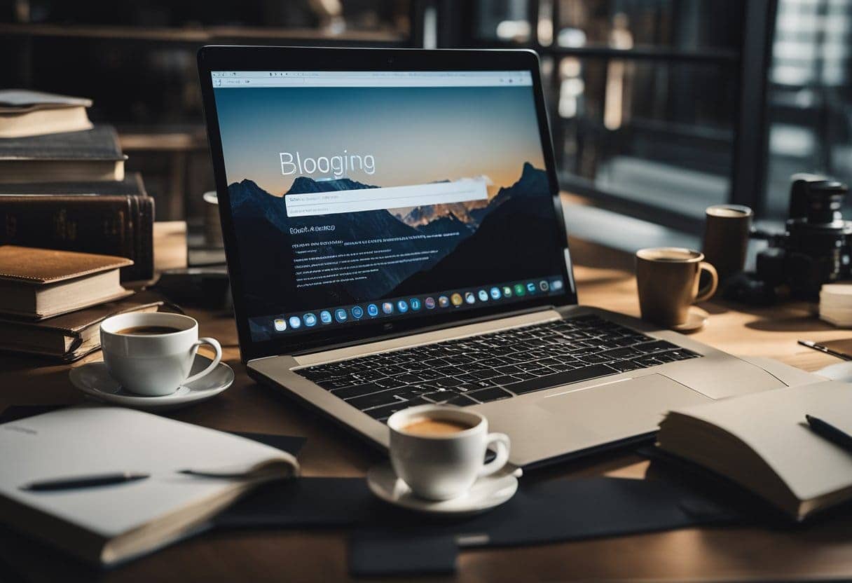 A laptop open on a desk with a notepad and pen, surrounded by books on blogging, finance, and online marketing. A cup of coffee sits nearby