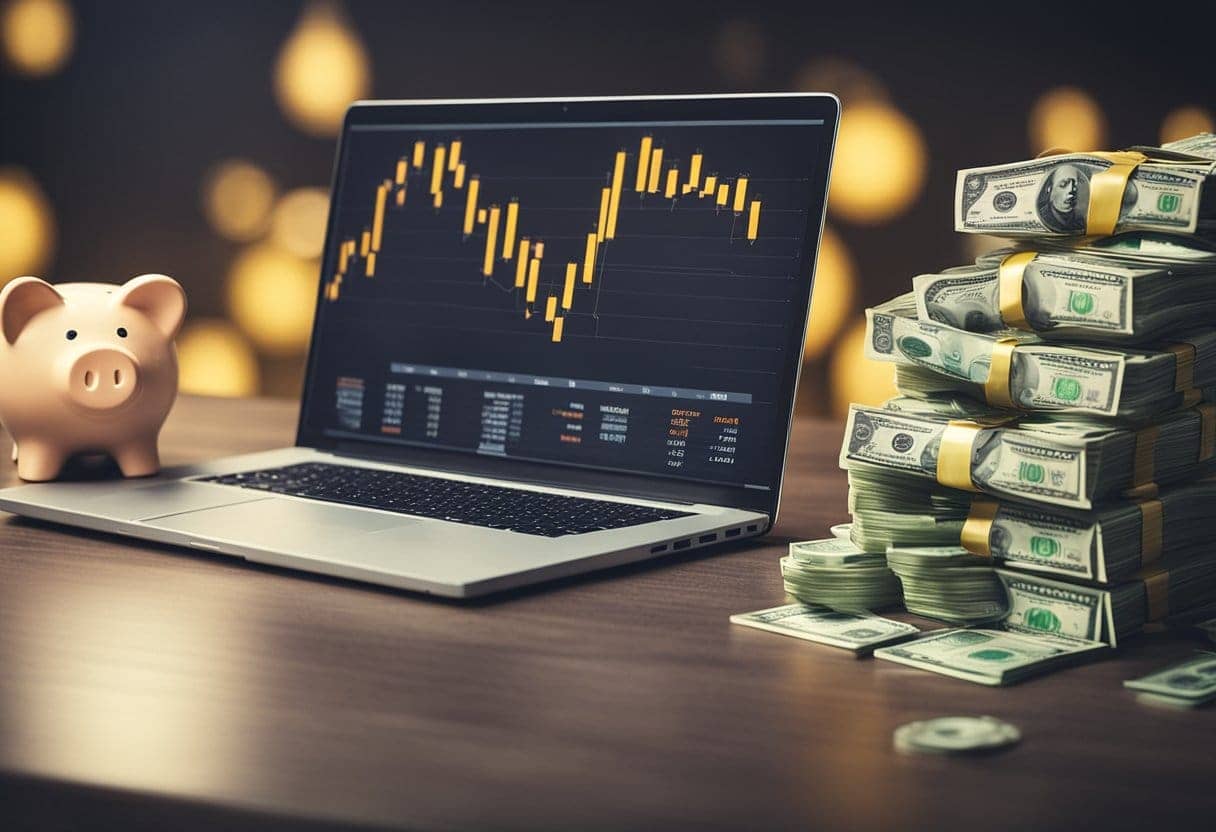 A laptop surrounded by stacks of cash, a piggy bank, and a chart showing increasing profits. A lightbulb shines above, symbolizing a bright idea for financial success