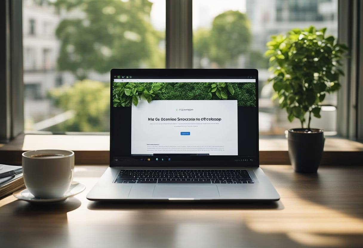 A laptop with a blank screen sits on a desk surrounded by notebooks, pens, and a cup of coffee. The window shows a sunny day with greenery outside
