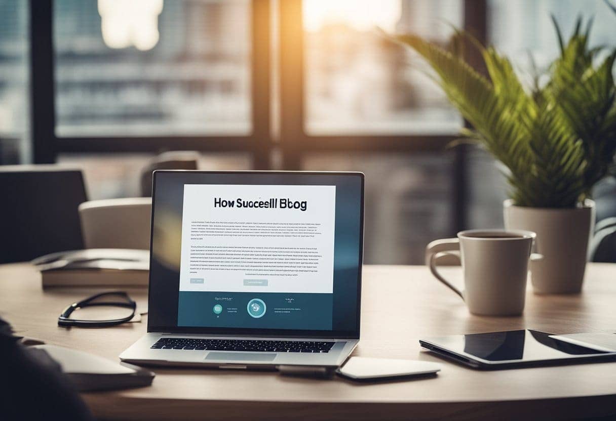 A laptop open on a desk with a blog post titled "How to Successfully Monetize Your Mature Blog" displayed on the screen. A notepad with SEO strategies sits next to it