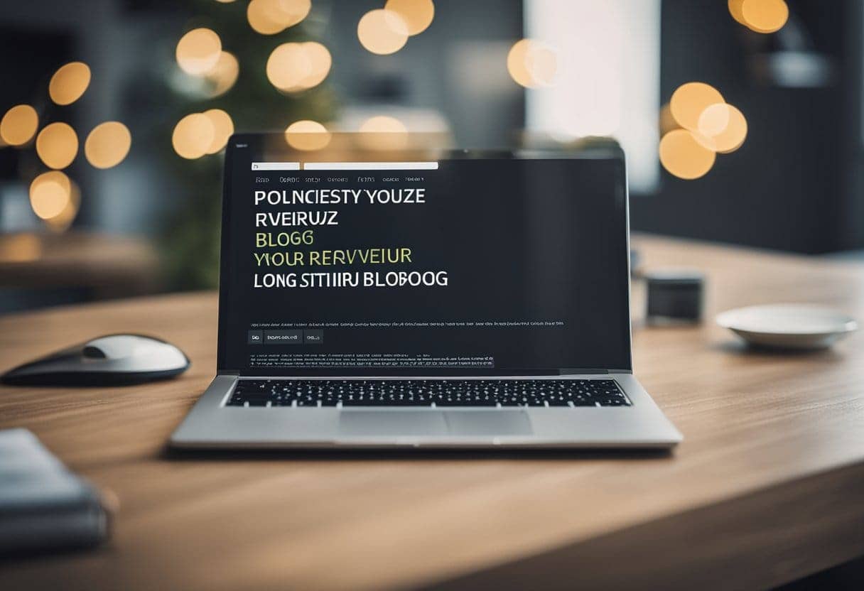 A laptop open to a blog post titled "How to Successfully Monetize Your Mature Blog: Proven Strategies for Long-Term Revenue" with a blank space for a subheading